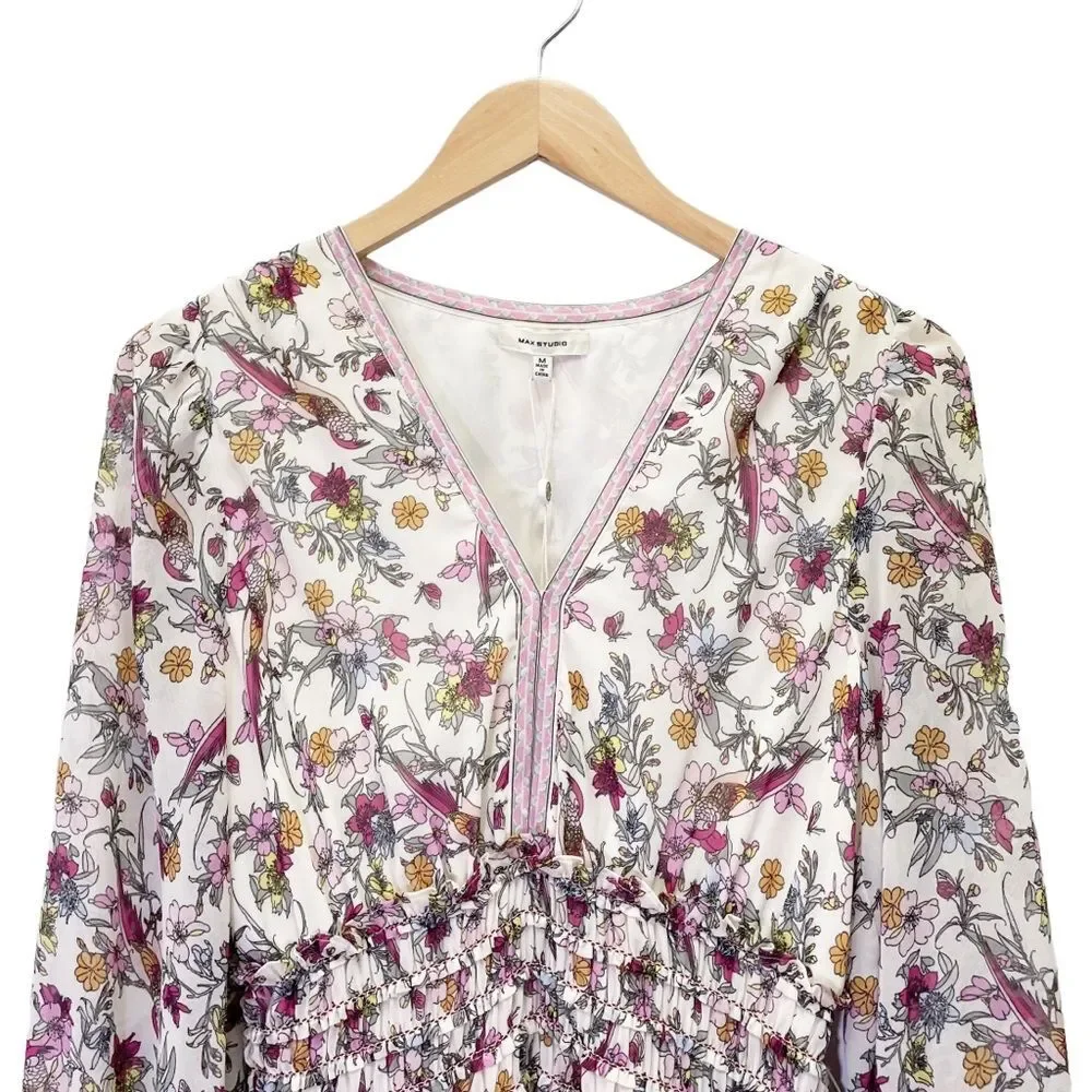 NWT Max Studio Smocked Cream Pink Floral Bird Print Mini Dress Size Medium NEW - Picture 5 of 14